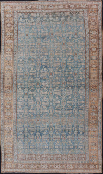 Antique Persian Bidjar Rug with All - Over Design in Light Blue and Orange Antique Persian rug in light blue, cream, orange, brown and neutral tones with geometric motifs, Keivan Woven Arts / rug EMB - 9565 - P13858, country of origin / type: Iran / B... - Keivan Woven ArtsEMB - 9565 - P13858 - 14922Rug