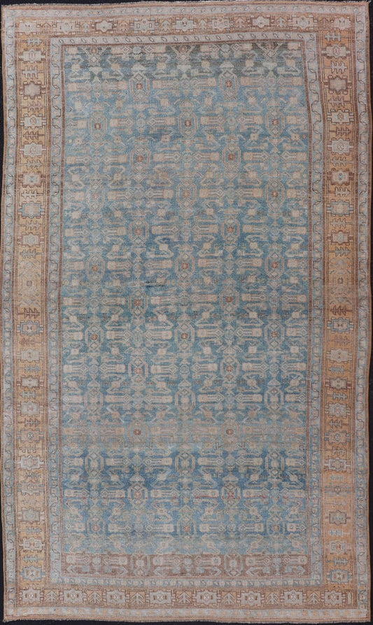 Antique Persian Bidjar Rug with All - Over Design in Light Blue and Orange Antique Persian rug in light blue, cream, orange, brown and neutral tones with geometric motifs, Keivan Woven Arts / rug EMB - 9565 - P13858, country of origin / type: Iran / B... - Keivan Woven ArtsEMB - 9565 - P13858 - 14922Rug