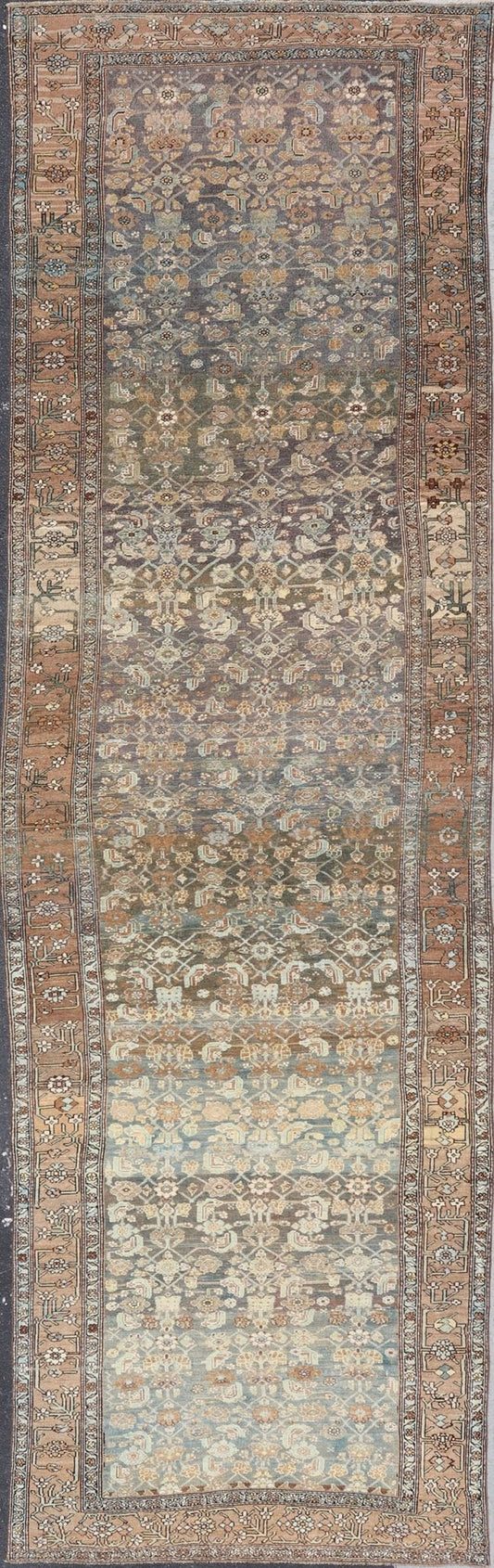 Late 19th Century Kurdish Antique All Over Design Gallery Runner in Muted Tones This magnificent 120 - year - old Kurdish antique has held timeless charm with a double - lined floral border that accentuates sandy shades of browns and light blues. The... - Keivan Woven ArtsEMB - 9566 - P13890 - 14928
