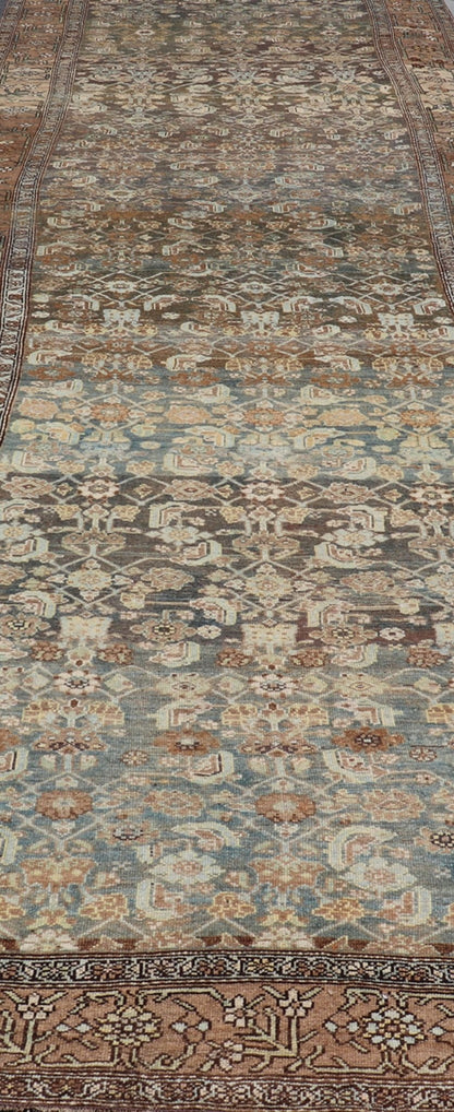 Late 19th Century Kurdish Antique All Over Design Gallery Runner in Muted Tones This magnificent 120 - year - old Kurdish antique has held timeless charm with a double - lined floral border that accentuates sandy shades of browns and light blues. The... - Keivan Woven ArtsEMB - 9566 - P13890 - 14928Rug