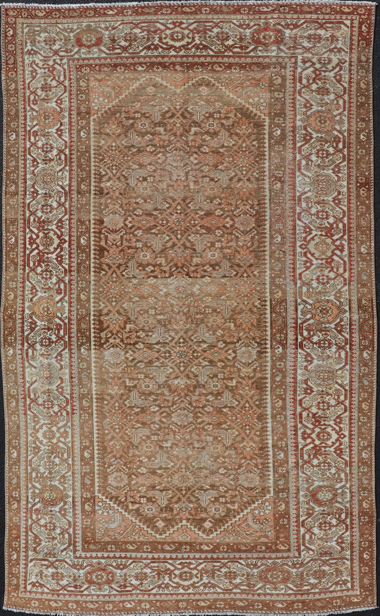 Earthy Tone Antique Hand Knotted Persian Hamadan Rug with All - Over Pattern Geometric design antique hamadan rug in taupe, light peach, red, ivory, and light tan color tones. Earthy Tone Antique Hand Knotted Persian Hamadan Rug With All - Over Pat... - Keivan Woven ArtsEMB - 9567 - P13078 - 14934Rug