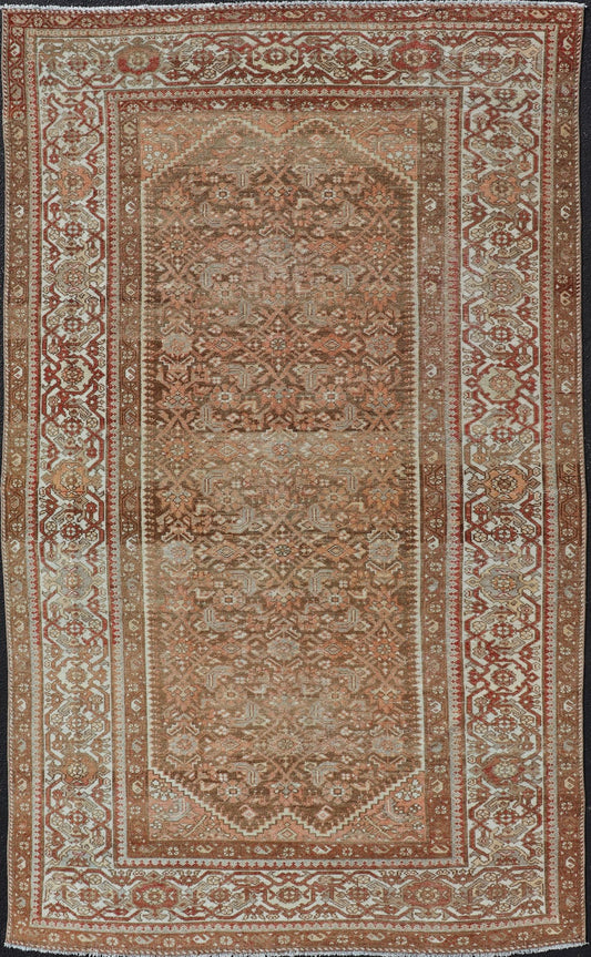 Earthy Tone Antique Hand Knotted Persian Hamadan Rug with All - Over Pattern Geometric design antique hamadan rug in taupe, light peach, red, ivory, and light tan color tones. Earthy Tone Antique Hand Knotted Persian Hamadan Rug With All - Over Pat... - Keivan Woven ArtsEMB - 9567 - P13078 - 14934Rug