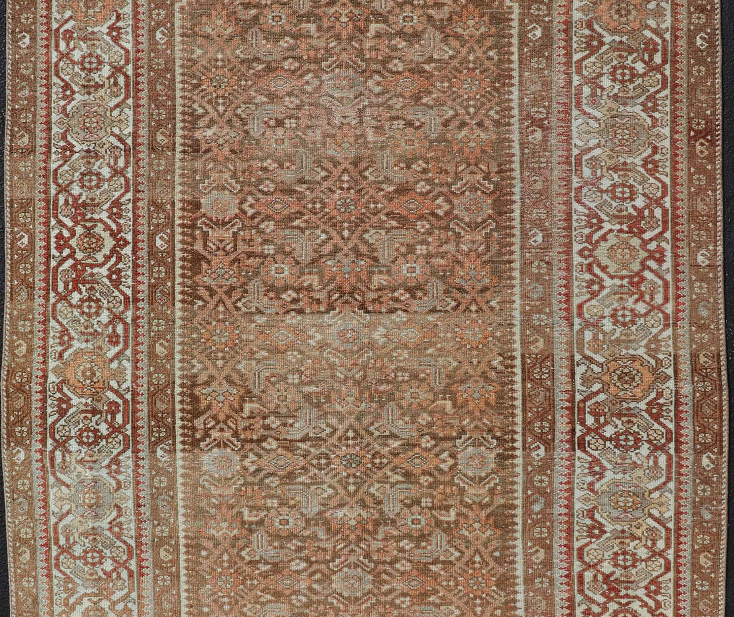 Earthy Tone Antique Hand Knotted Persian Hamadan Rug with All - Over Pattern Geometric design antique hamadan rug in taupe, light peach, red, ivory, and light tan color tones. Earthy Tone Antique Hand Knotted Persian Hamadan Rug With All - Over Pat... - Keivan Woven ArtsEMB - 9567 - P13078 - 14934Rug