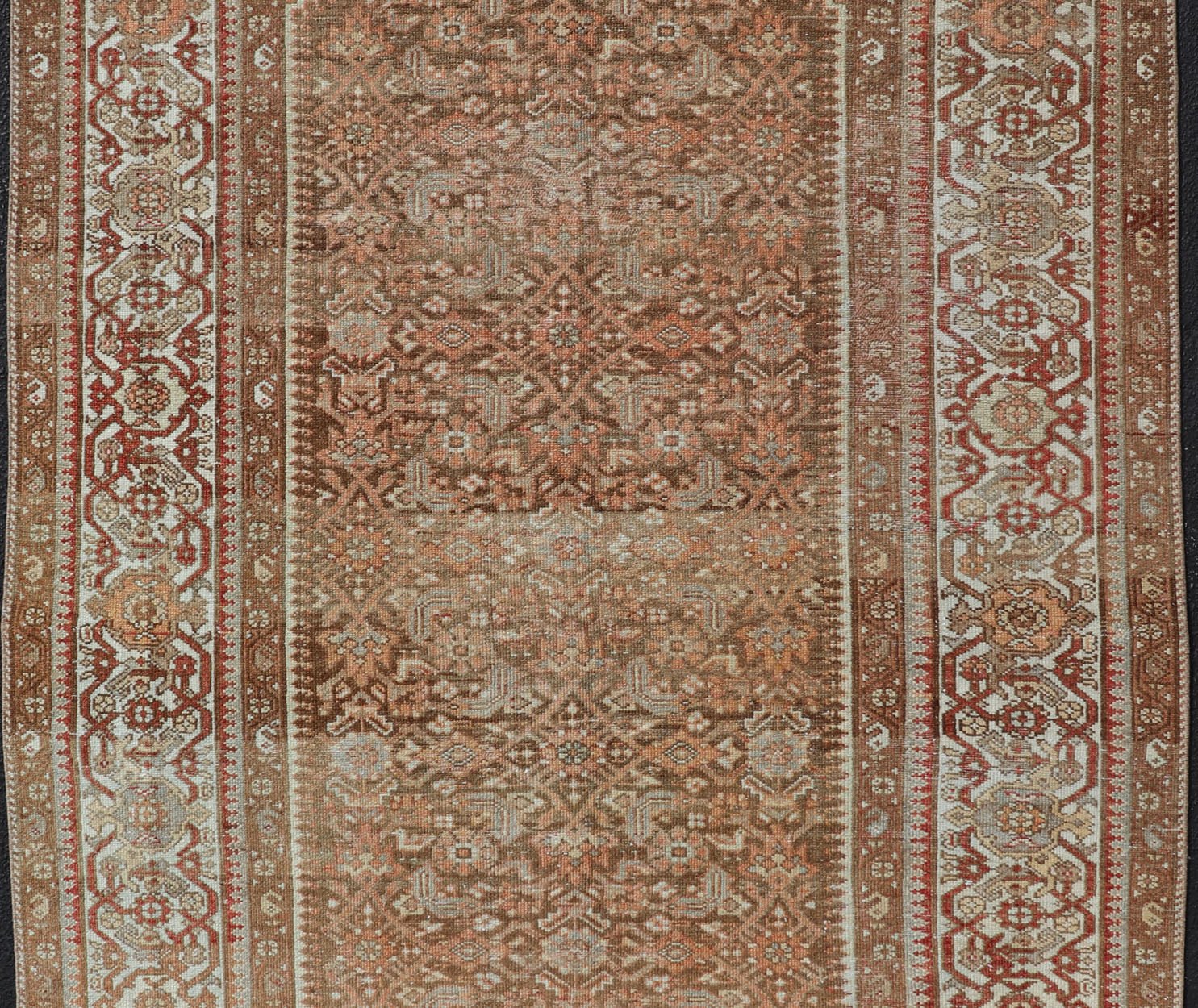 Earthy Tone Antique Hand Knotted Persian Hamadan Rug with All - Over Pattern Geometric design antique hamadan rug in taupe, light peach, red, ivory, and light tan color tones. Earthy Tone Antique Hand Knotted Persian Hamadan Rug With All - Over Pat... - Keivan Woven ArtsEMB - 9567 - P13078 - 14934Rug