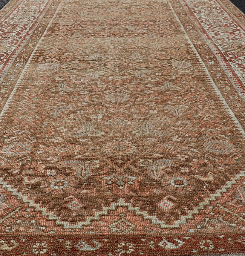 Earthy Tone Antique Hand Knotted Persian Hamadan Rug with All - Over Pattern Geometric design antique hamadan rug in taupe, light peach, red, ivory, and light tan color tones. Earthy Tone Antique Hand Knotted Persian Hamadan Rug With All - Over Pat... - Keivan Woven ArtsEMB - 9567 - P13078 - 14934Rug