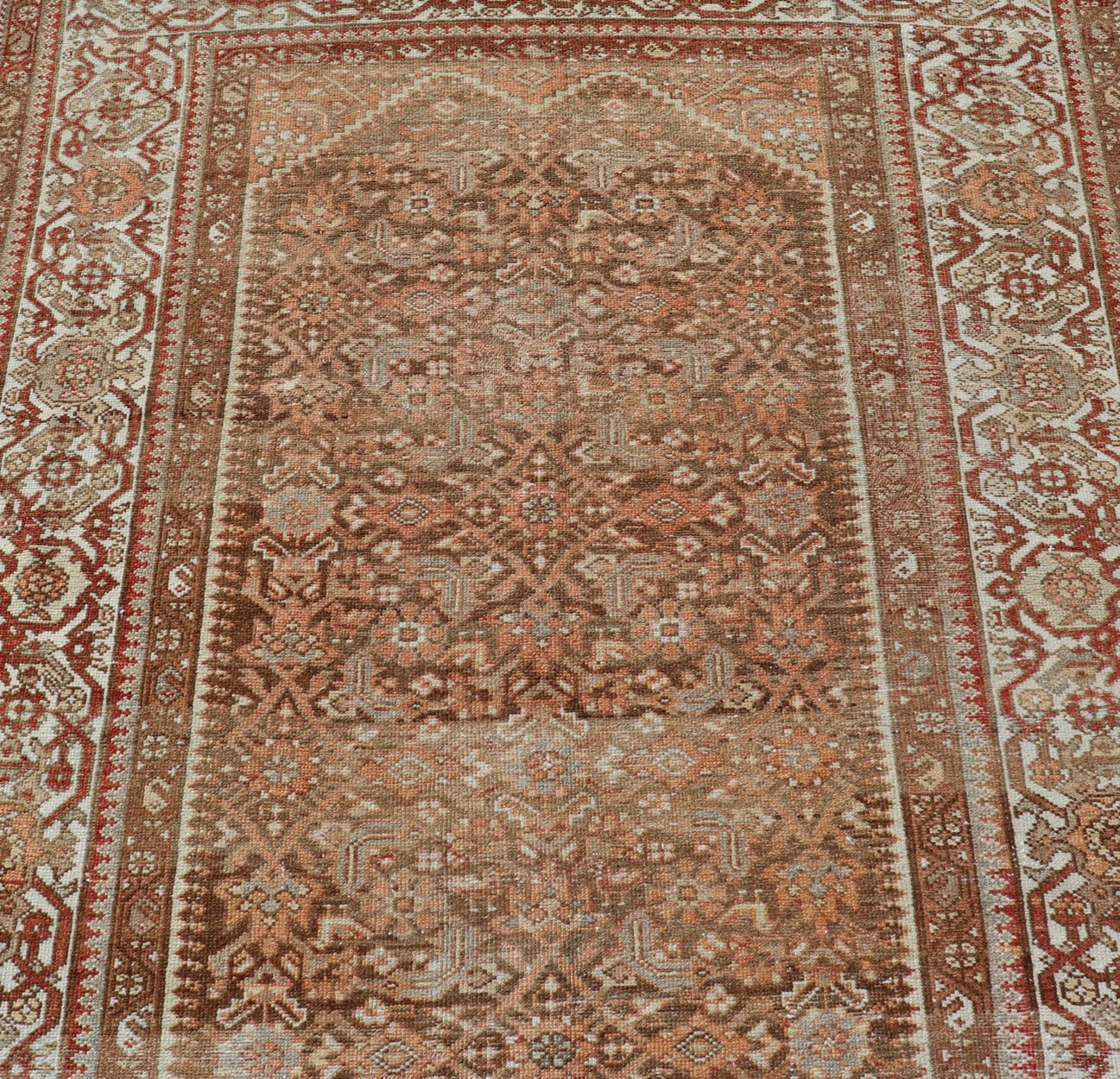 Earthy Tone Antique Hand Knotted Persian Hamadan Rug with All - Over Pattern Geometric design antique hamadan rug in taupe, light peach, red, ivory, and light tan color tones. Earthy Tone Antique Hand Knotted Persian Hamadan Rug With All - Over Pat... - Keivan Woven ArtsEMB - 9567 - P13078 - 14934Rug