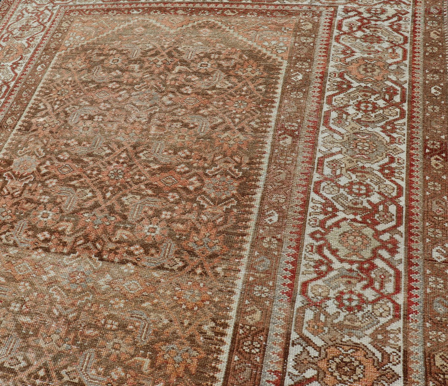 Earthy Tone Antique Hand Knotted Persian Hamadan Rug with All - Over Pattern Geometric design antique hamadan rug in taupe, light peach, red, ivory, and light tan color tones. Earthy Tone Antique Hand Knotted Persian Hamadan Rug With All - Over Pat... - Keivan Woven ArtsEMB - 9567 - P13078 - 14934Rug
