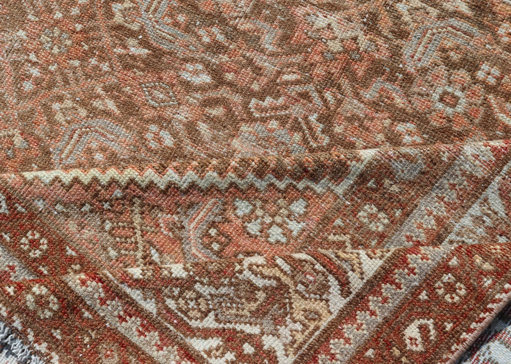 Earthy Tone Antique Hand Knotted Persian Hamadan Rug with All - Over Pattern Geometric design antique hamadan rug in taupe, light peach, red, ivory, and light tan color tones. Earthy Tone Antique Hand Knotted Persian Hamadan Rug With All - Over Pat... - Keivan Woven ArtsEMB - 9567 - P13078 - 14934Rug