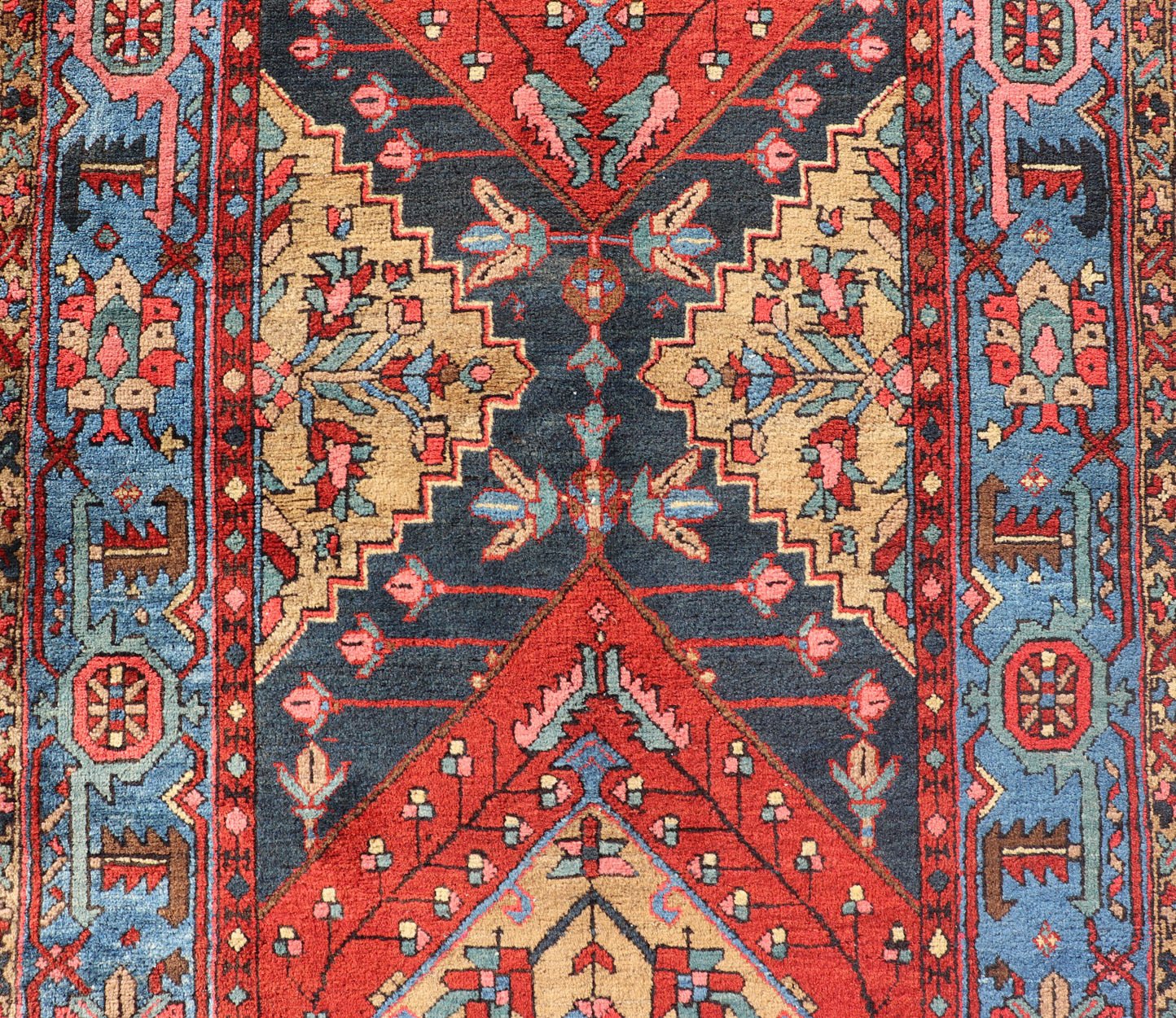 Very Long antique Persian Heriz runner with geometric medallion design in red, blue and colorful tones, Keivan Woven Arts Atlanta / rug EMB - 9571 - P13889 , country of origin / type: Iran / Heriz, circa 1920 Measures: 3 x 14'9 Antique Geome... - Keivan Woven ArtsEMB - 9571 - P13889 - 14958Rug