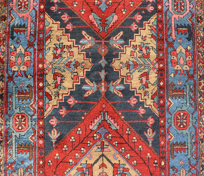 Very Long antique Persian Heriz runner with geometric medallion design in red, blue and colorful tones, Keivan Woven Arts Atlanta / rug EMB - 9571 - P13889 , country of origin / type: Iran / Heriz, circa 1920 Measures: 3 x 14'9 Antique Geome... - Keivan Woven ArtsEMB - 9571 - P13889 - 14958Rug