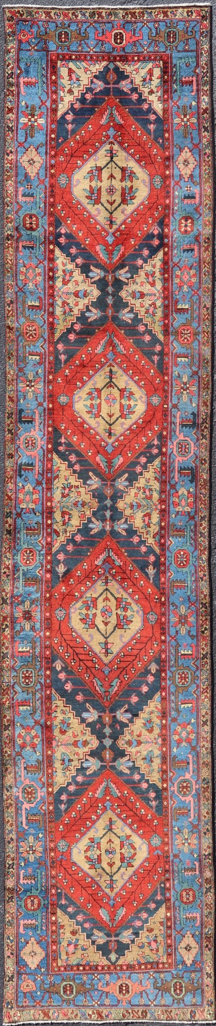 Very Long antique Persian Heriz runner with geometric medallion design in red, blue and colorful tones, Keivan Woven Arts Atlanta / rug EMB - 9571 - P13889 , country of origin / type: Iran / Heriz, circa 1920 Measures: 3 x 14'9 Antique Geome... - Keivan Woven ArtsEMB - 9571 - P13889 - 14958Rug