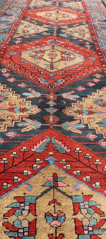 Very Long antique Persian Heriz runner with geometric medallion design in red, blue and colorful tones, Keivan Woven Arts Atlanta / rug EMB - 9571 - P13889 , country of origin / type: Iran / Heriz, circa 1920 Measures: 3 x 14'9 Antique Geome... - Keivan Woven ArtsEMB - 9571 - P13889 - 14958Rug