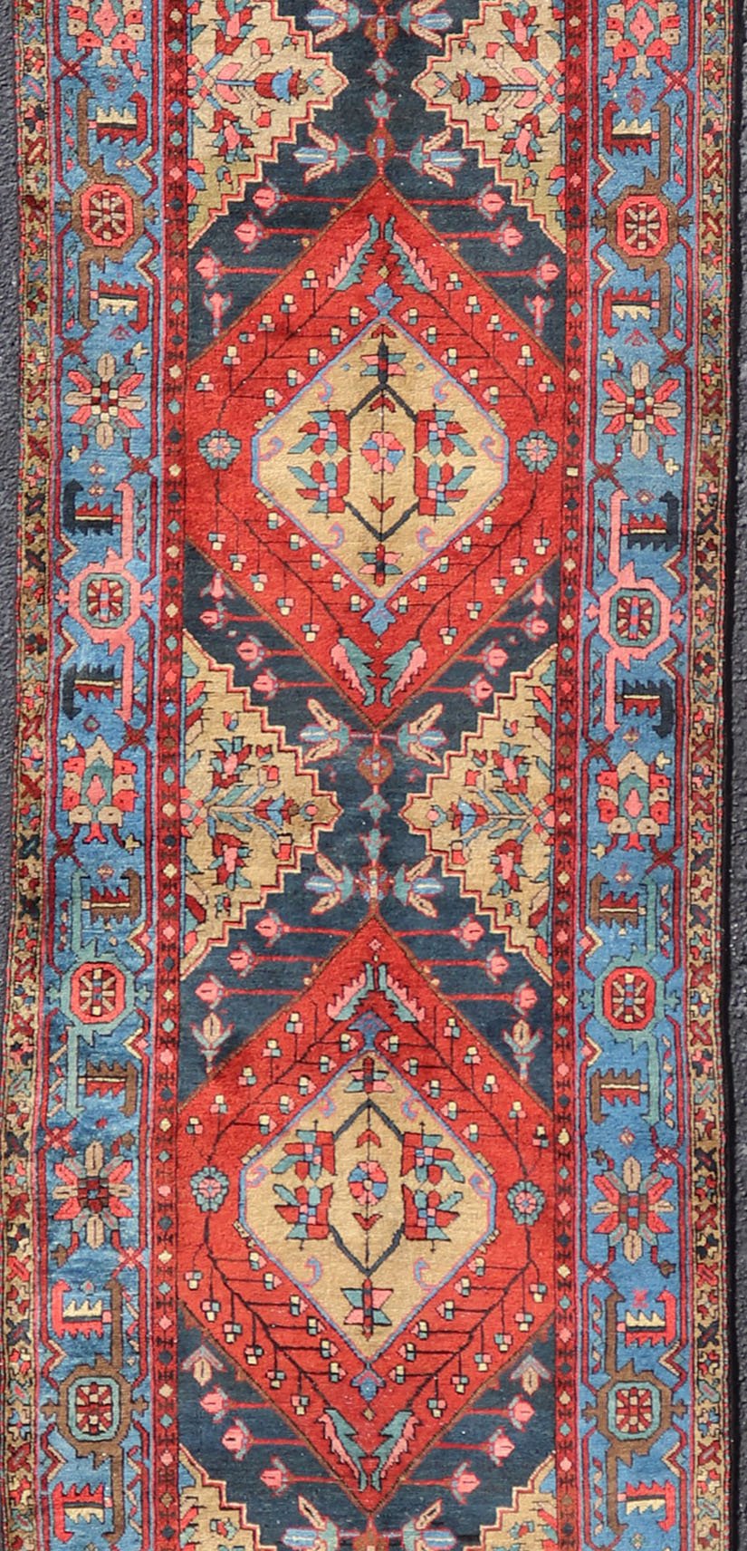 Very Long antique Persian Heriz runner with geometric medallion design in red, blue and colorful tones, Keivan Woven Arts Atlanta / rug EMB - 9571 - P13889 , country of origin / type: Iran / Heriz, circa 1920 Measures: 3 x 14'9 Antique Geome... - Keivan Woven ArtsEMB - 9571 - P13889 - 14958Rug