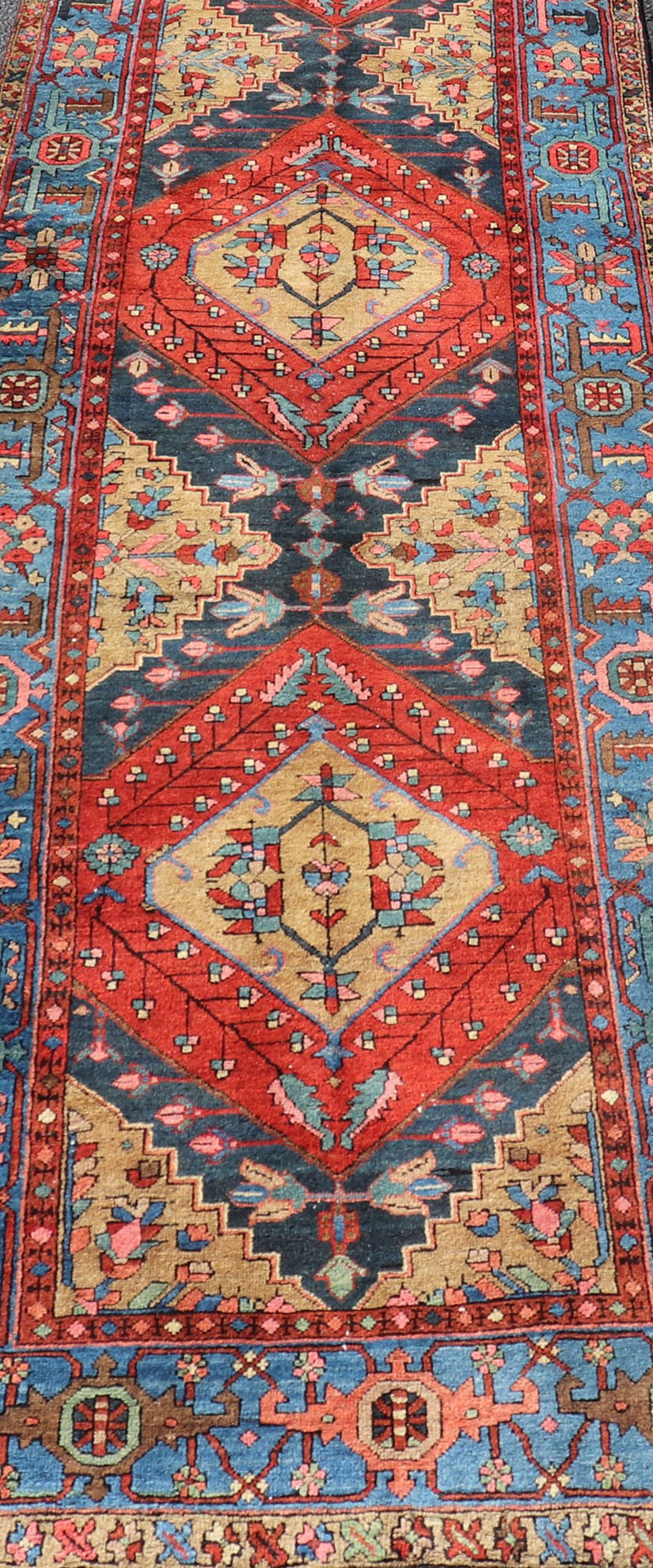 Very Long antique Persian Heriz runner with geometric medallion design in red, blue and colorful tones, Keivan Woven Arts Atlanta / rug EMB - 9571 - P13889 , country of origin / type: Iran / Heriz, circa 1920 Measures: 3 x 14'9 Antique Geome... - Keivan Woven ArtsEMB - 9571 - P13889 - 14958Rug