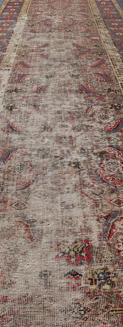 Antique Persian Sultanabad Distressed Runner with Floral Design in Jewel Tones This exquisite antique hand - knotted distressed Persian Sultanabad runner features an all - over sub - geometric floral design replete in jewel tones and enclosed within ... - Keivan Woven ArtsEMB - 9573 - P13084 - 14964Rug