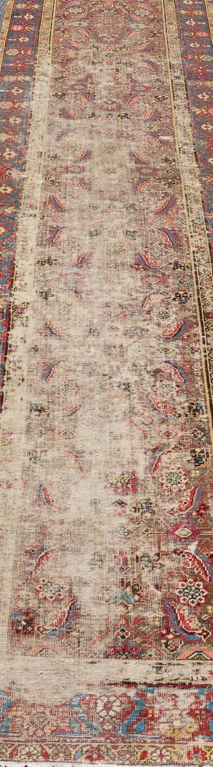 Antique Persian Sultanabad Distressed Runner with Floral Design in Jewel Tones This exquisite antique hand - knotted distressed Persian Sultanabad runner features an all - over sub - geometric floral design replete in jewel tones and enclosed within ... - Keivan Woven ArtsEMB - 9573 - P13084 - 14964Rug