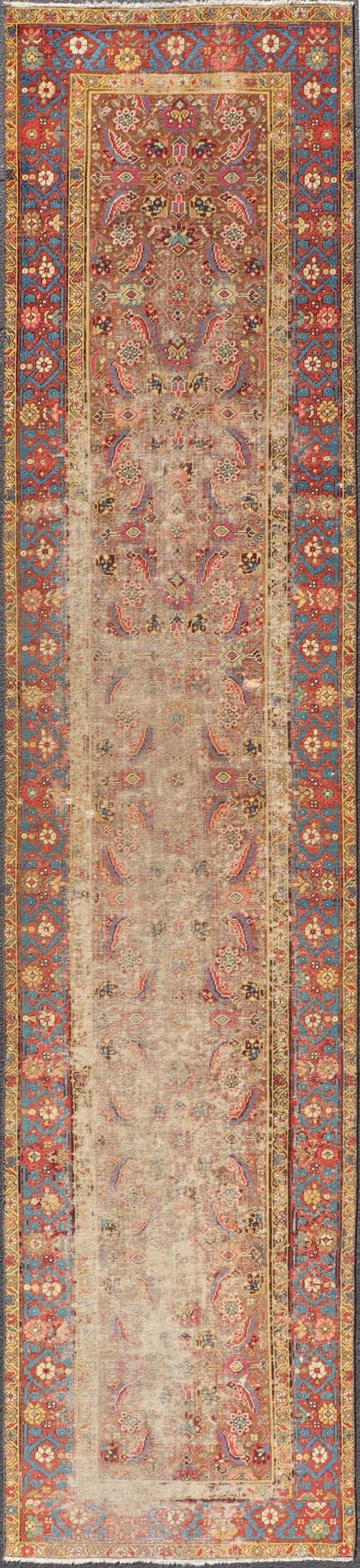 Antique Persian Sultanabad Distressed Runner with Floral Design in Jewel Tones This exquisite antique hand - knotted distressed Persian Sultanabad runner features an all - over sub - geometric floral design replete in jewel tones and enclosed within ... - Keivan Woven ArtsEMB - 9573 - P13084 - 14964Rug