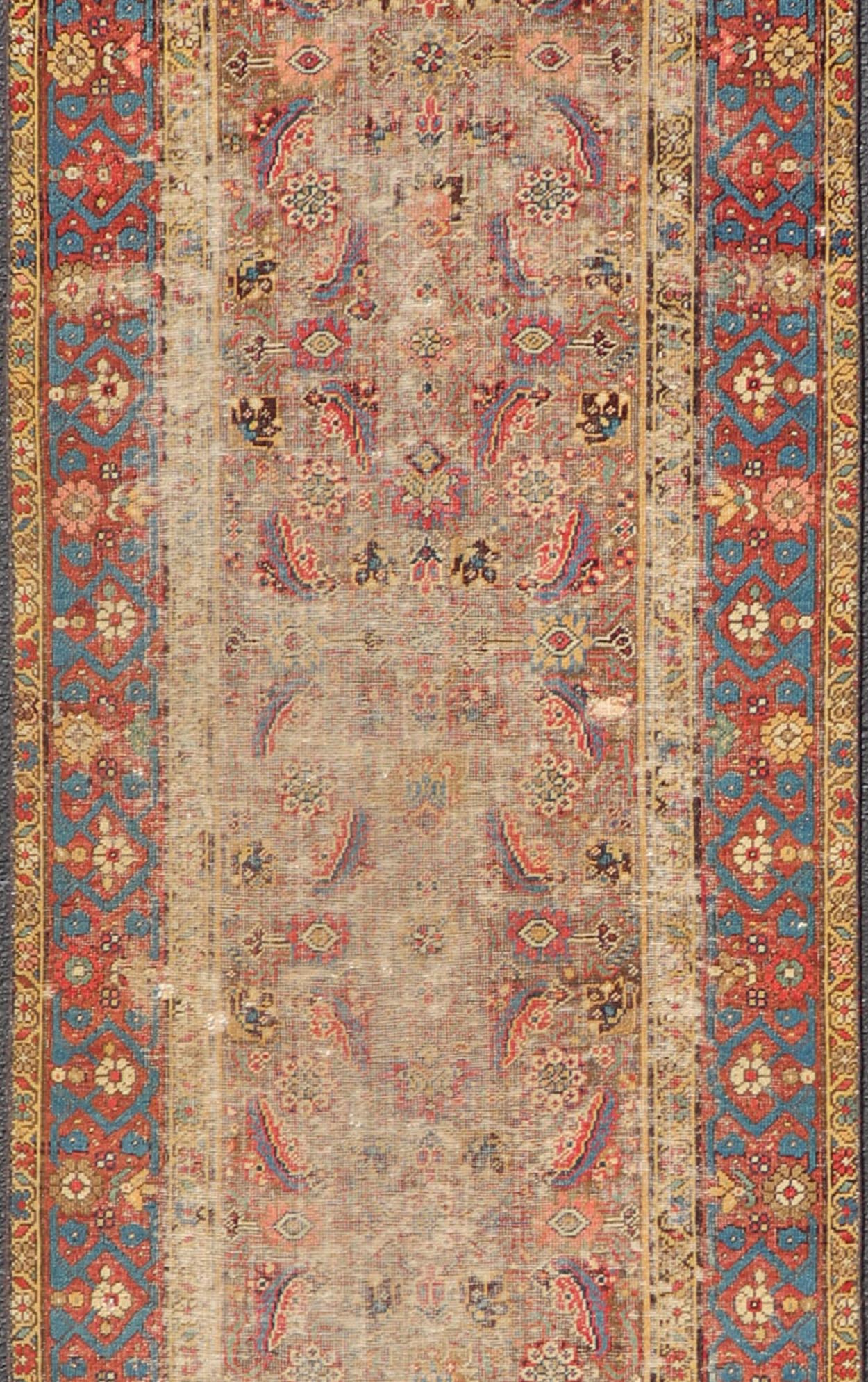 Antique Persian Sultanabad Distressed Runner with Floral Design in Jewel Tones This exquisite antique hand - knotted distressed Persian Sultanabad runner features an all - over sub - geometric floral design replete in jewel tones and enclosed within ... - Keivan Woven ArtsEMB - 9573 - P13084 - 14964Rug