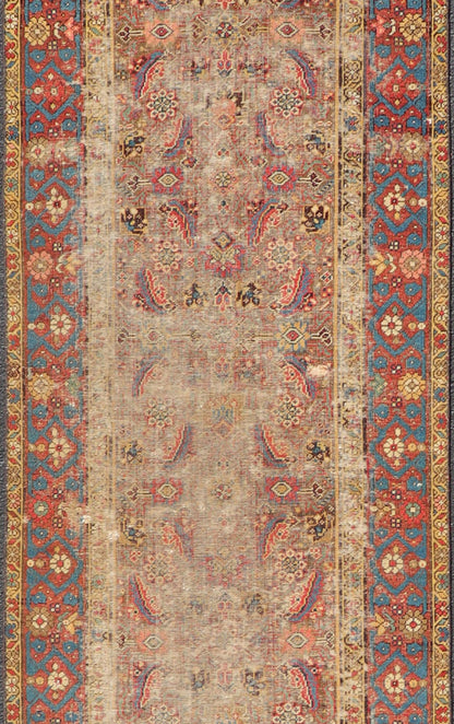 Antique Persian Sultanabad Distressed Runner with Floral Design in Jewel Tones This exquisite antique hand - knotted distressed Persian Sultanabad runner features an all - over sub - geometric floral design replete in jewel tones and enclosed within ... - Keivan Woven ArtsEMB - 9573 - P13084 - 14964Rug