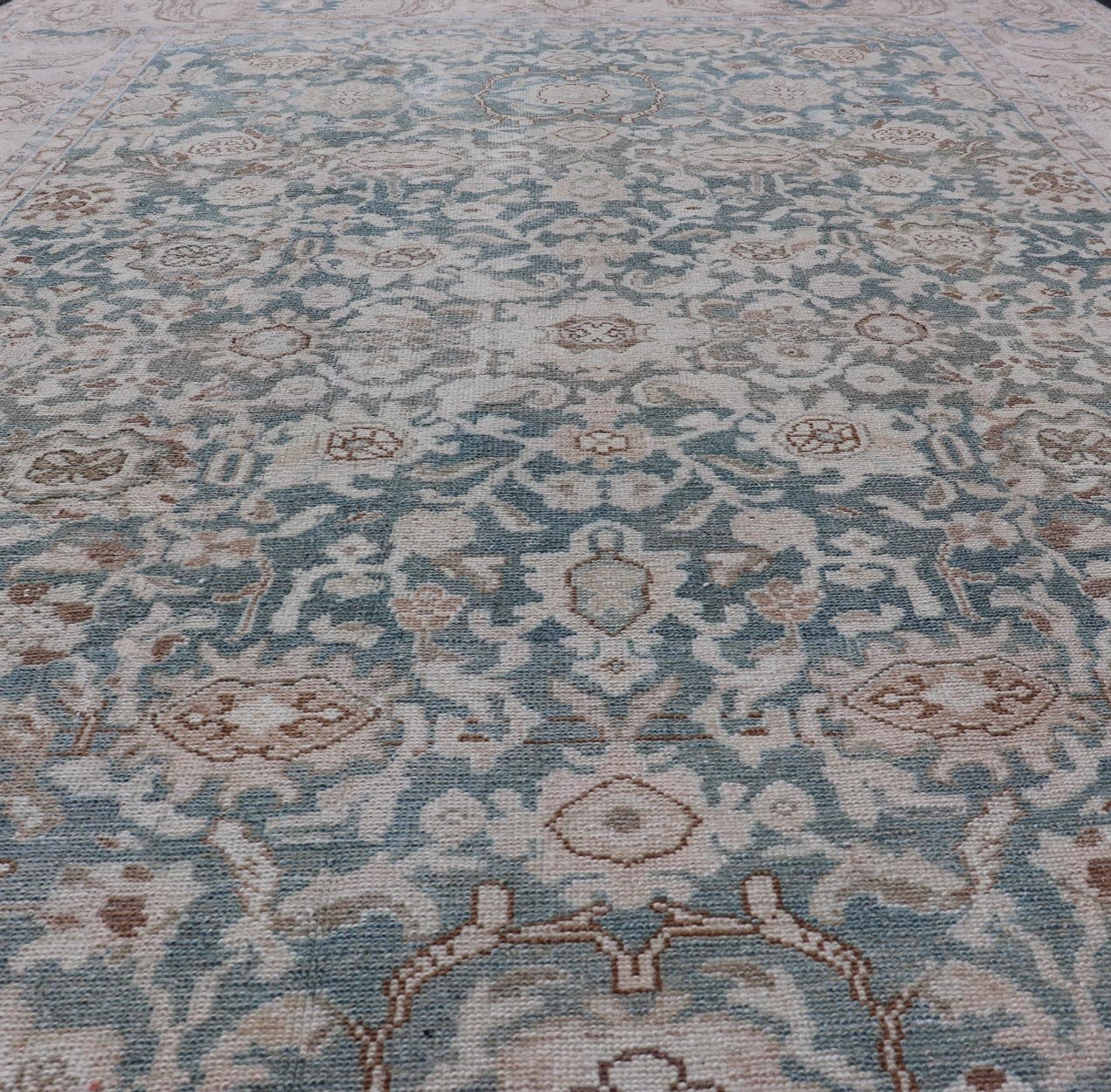 All - Over Light Green Floral Antique Persian Hamadan Rug with Earthy Tones Measures: 7'0 x 9'10 This antique persian Hamadan displaying a light green background with a cream border. The design is floral, the center having a tight and busy... - Keivan Woven ArtsEMB - 9574 - P13891 - 14970Rug