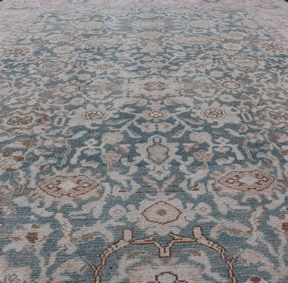 All - Over Light Green Floral Antique Persian Hamadan Rug with Earthy Tones Measures: 7'0 x 9'10 This antique persian Hamadan displaying a light green background with a cream border. The design is floral, the center having a tight and busy... - Keivan Woven ArtsEMB - 9574 - P13891 - 14970Rug