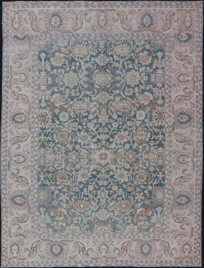 All - Over Light Green Floral Antique Persian Hamadan Rug with Earthy Tones Measures: 7'0 x 9'10 This antique persian Hamadan displaying a light green background with a cream border. The design is floral, the center having a tight and busy... - Keivan Woven ArtsEMB - 9574 - P13891 - 14970Rug