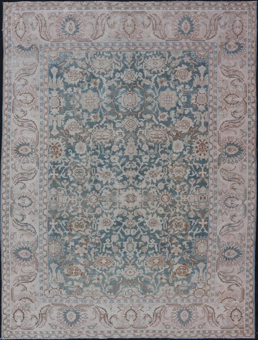 All - Over Light Green Floral Antique Persian Hamadan Rug with Earthy Tones Measures: 7'0 x 9'10 This antique persian Hamadan displaying a light green background with a cream border. The design is floral, the center having a tight and busy... - Keivan Woven ArtsEMB - 9574 - P13891 - 14970Rug