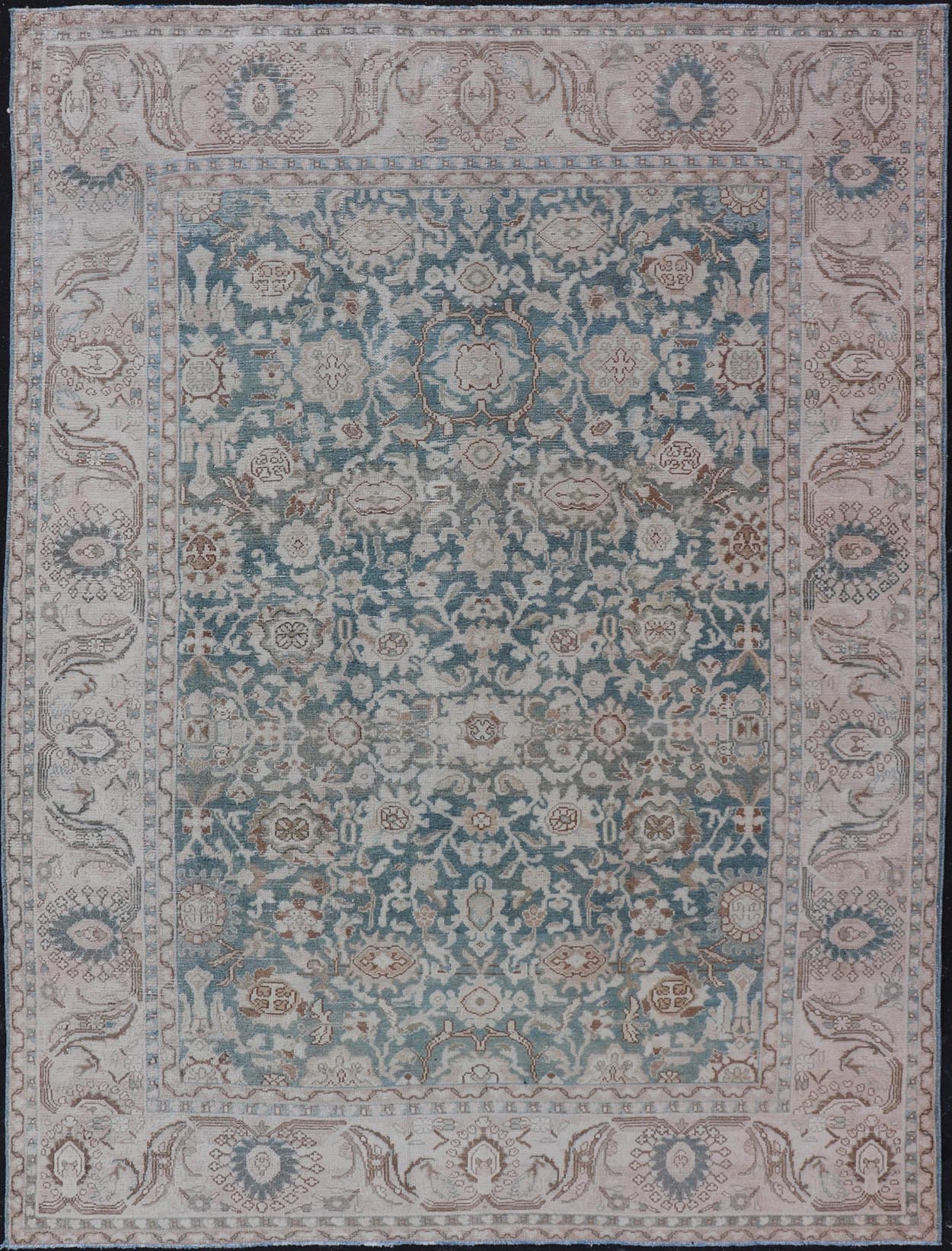 All - Over Light Green Floral Antique Persian Hamadan Rug with Earthy Tones Measures: 7'0 x 9'10 This antique persian Hamadan displaying a light green background with a cream border. The design is floral, the center having a tight and busy... - Keivan Woven ArtsEMB - 9574 - P13891 - 14970