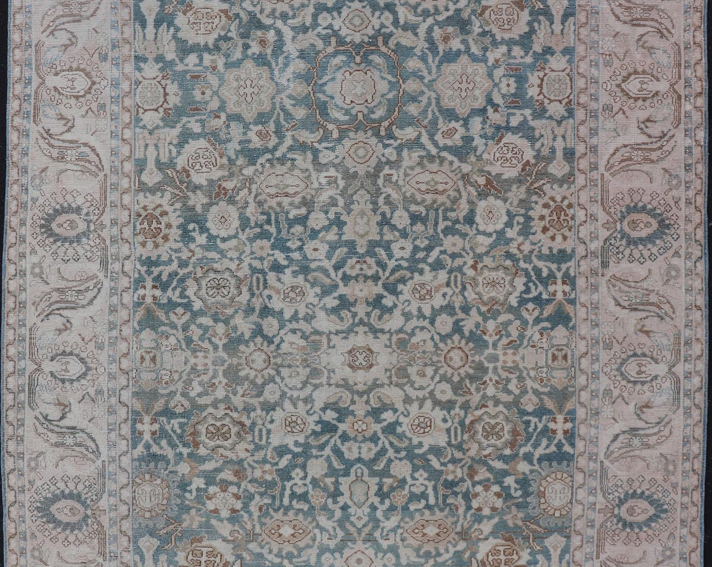 All - Over Light Green Floral Antique Persian Hamadan Rug with Earthy Tones Measures: 7'0 x 9'10 This antique persian Hamadan displaying a light green background with a cream border. The design is floral, the center having a tight and busy... - Keivan Woven ArtsEMB - 9574 - P13891 - 14970Rug