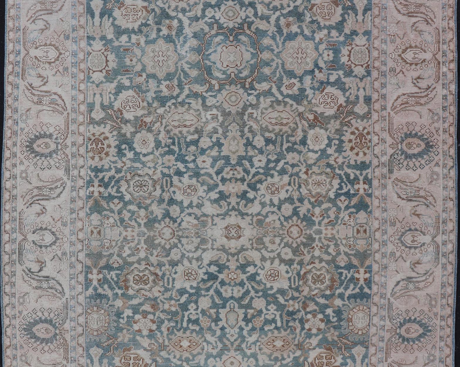 All - Over Light Green Floral Antique Persian Hamadan Rug with Earthy Tones Measures: 7'0 x 9'10 This antique persian Hamadan displaying a light green background with a cream border. The design is floral, the center having a tight and busy... - Keivan Woven ArtsEMB - 9574 - P13891 - 14970Rug
