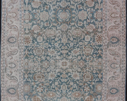 All - Over Light Green Floral Antique Persian Hamadan Rug with Earthy Tones Measures: 7'0 x 9'10 This antique persian Hamadan displaying a light green background with a cream border. The design is floral, the center having a tight and busy... - Keivan Woven ArtsEMB - 9574 - P13891 - 14970Rug