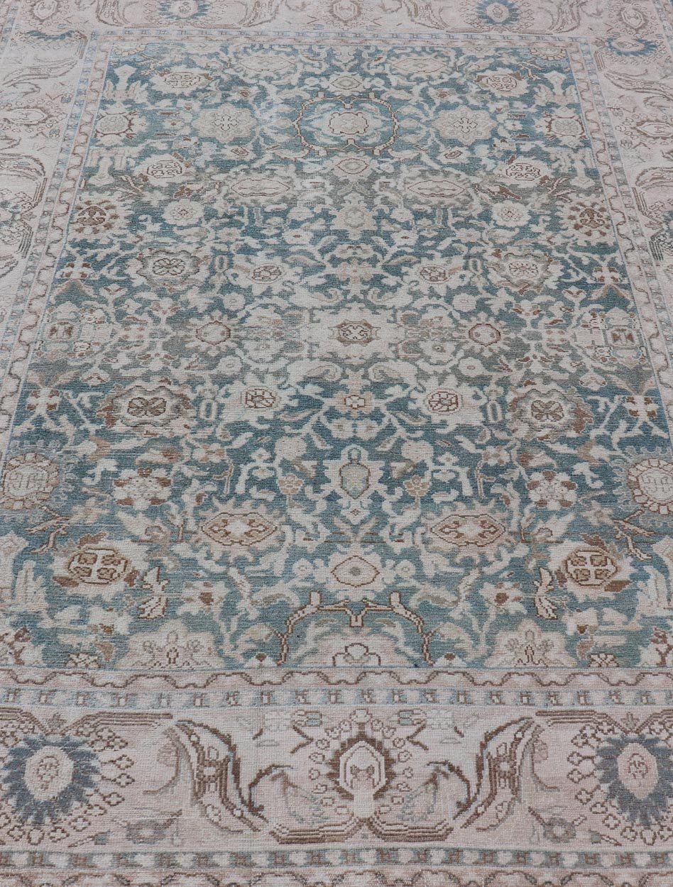 All - Over Light Green Floral Antique Persian Hamadan Rug with Earthy Tones Measures: 7'0 x 9'10 This antique persian Hamadan displaying a light green background with a cream border. The design is floral, the center having a tight and busy... - Keivan Woven ArtsEMB - 9574 - P13891 - 14970Rug