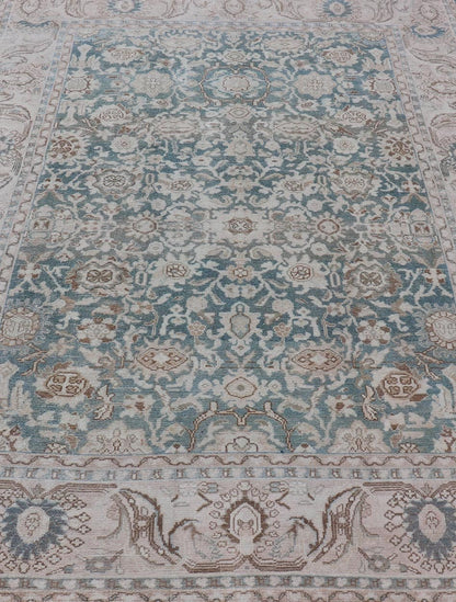 All - Over Light Green Floral Antique Persian Hamadan Rug with Earthy Tones Measures: 7'0 x 9'10 This antique persian Hamadan displaying a light green background with a cream border. The design is floral, the center having a tight and busy... - Keivan Woven ArtsEMB - 9574 - P13891 - 14970Rug