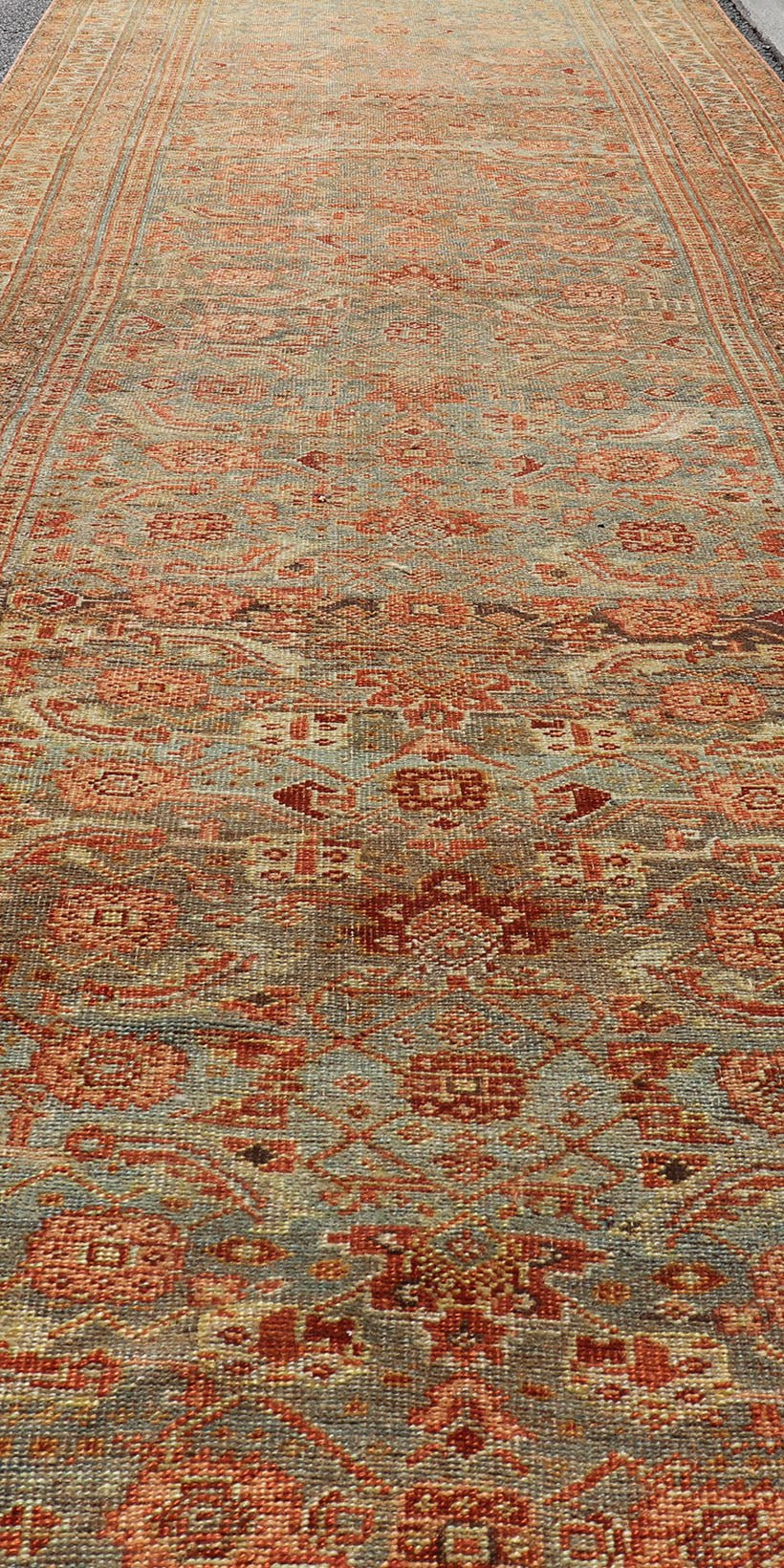 Amazing Antique Persian Bidjar Runner with Herati Design in Lt. Blue, Lt. Gray, taupe green & Red This stunning antique Bidjar rug (circa 1900s) features an all - over design featuring Herati patterns and sub - geometric motifs laid upon a Blue ba... - Keivan Woven ArtsEMB - 9575 - P13088 - 14976Rug