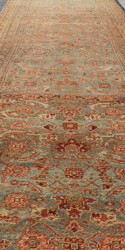 Amazing Antique Persian Bidjar Runner with Herati Design in Lt. Blue, Lt. Gray, taupe green & Red This stunning antique Bidjar rug (circa 1900s) features an all - over design featuring Herati patterns and sub - geometric motifs laid upon a Blue ba... - Keivan Woven ArtsEMB - 9575 - P13088 - 14976Rug