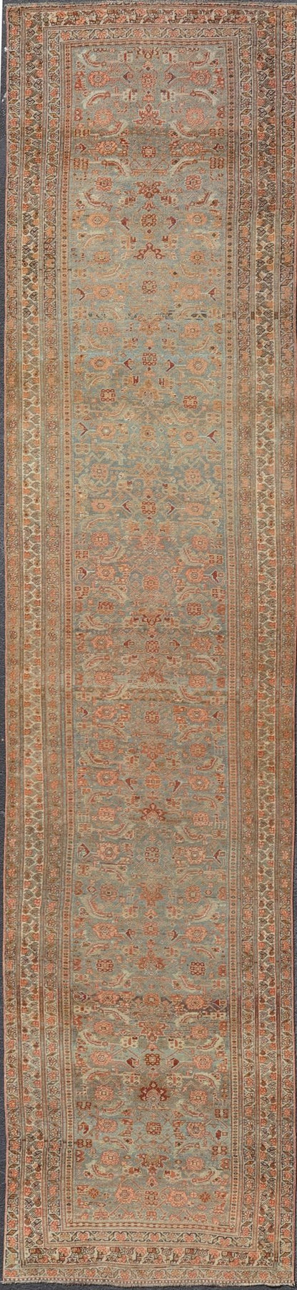 Amazing Antique Persian Bidjar Runner with Herati Design in Lt. Blue, Lt. Gray, taupe green & Red This stunning antique Bidjar rug (circa 1900s) features an all - over design featuring Herati patterns and sub - geometric motifs laid upon a Blue ba... - Keivan Woven ArtsEMB - 9575 - P13088 - 14976Rug