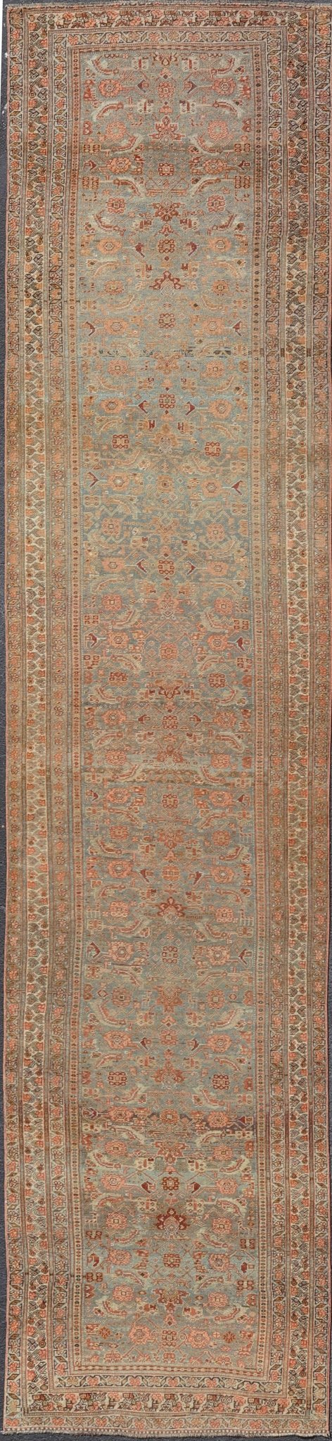 Amazing Antique Persian Bidjar Runner with Herati Design in Lt. Blue, Lt. Gray, taupe green & Red This stunning antique Bidjar rug (circa 1900s) features an all - over design featuring Herati patterns and sub - geometric motifs laid upon a Blue ba... - Keivan Woven ArtsEMB - 9575 - P13088 - 14976Rug