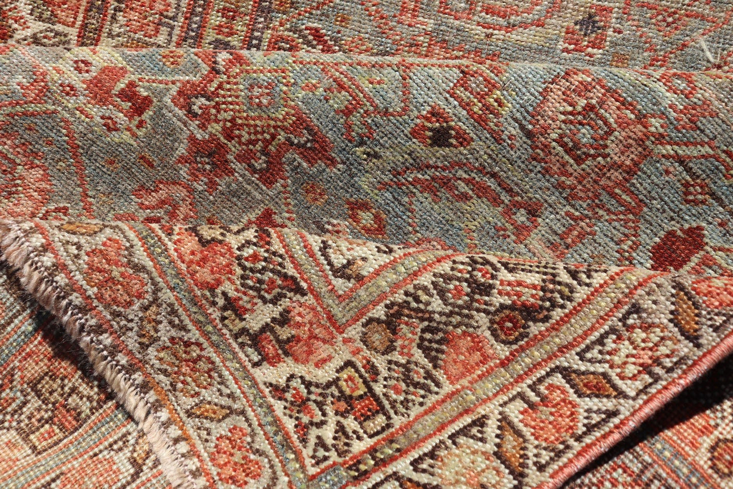Amazing Antique Persian Bidjar Runner with Herati Design in Lt. Blue, Lt. Gray, taupe green & Red This stunning antique Bidjar rug (circa 1900s) features an all - over design featuring Herati patterns and sub - geometric motifs laid upon a Blue ba... - Keivan Woven ArtsEMB - 9575 - P13088 - 14976Rug