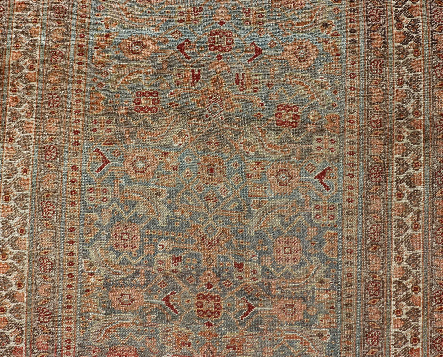 Amazing Antique Persian Bidjar Runner with Herati Design in Lt. Blue, Lt. Gray, taupe green & Red This stunning antique Bidjar rug (circa 1900s) features an all - over design featuring Herati patterns and sub - geometric motifs laid upon a Blue ba... - Keivan Woven ArtsEMB - 9575 - P13088 - 14976Rug