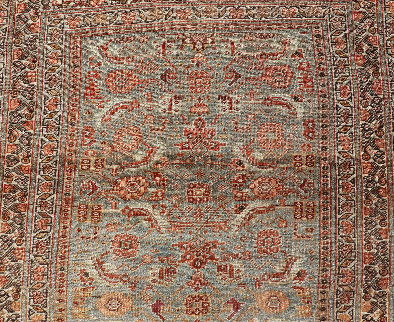 Amazing Antique Persian Bidjar Runner with Herati Design in Lt. Blue, Lt. Gray, taupe green & Red This stunning antique Bidjar rug (circa 1900s) features an all - over design featuring Herati patterns and sub - geometric motifs laid upon a Blue ba... - Keivan Woven ArtsEMB - 9575 - P13088 - 14976Rug