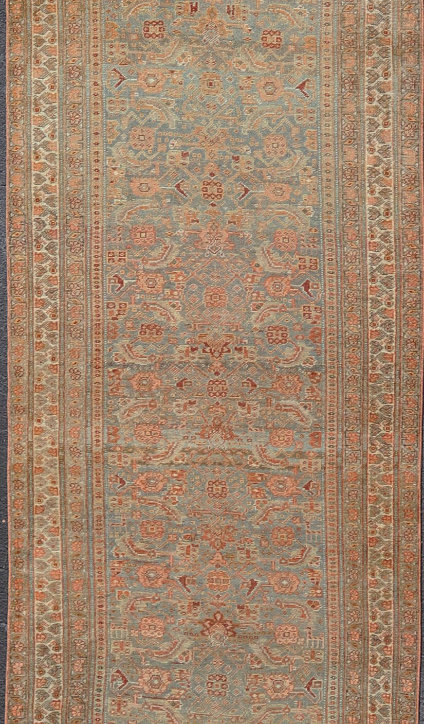 Amazing Antique Persian Bidjar Runner with Herati Design in Lt. Blue, Lt. Gray, taupe green & Red This stunning antique Bidjar rug (circa 1900s) features an all - over design featuring Herati patterns and sub - geometric motifs laid upon a Blue ba... - Keivan Woven ArtsEMB - 9575 - P13088 - 14976Rug