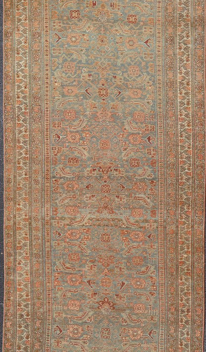 Amazing Antique Persian Bidjar Runner with Herati Design in Lt. Blue, Lt. Gray, taupe green & Red This stunning antique Bidjar rug (circa 1900s) features an all - over design featuring Herati patterns and sub - geometric motifs laid upon a Blue ba... - Keivan Woven ArtsEMB - 9575 - P13088 - 14976Rug