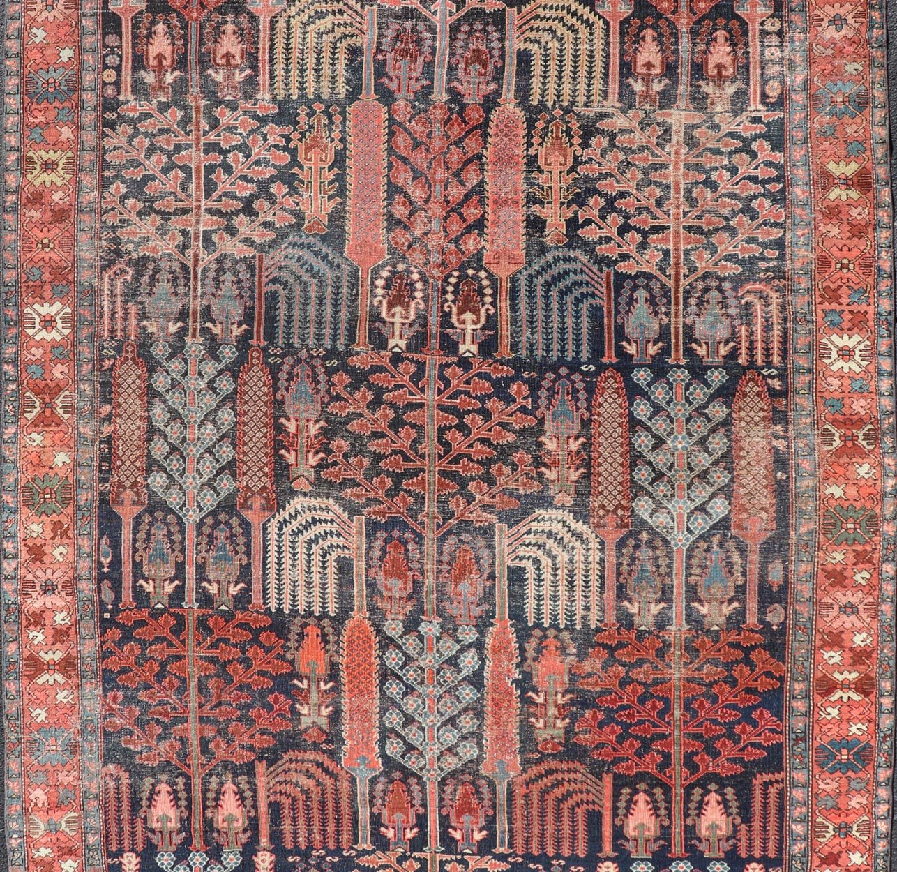 Antique Persian Bakhshaish Rug with All - Over Tree and Willow Design. This antique Persian Bakhshaish rug features an all - over tree design with willow trees, branches and leaves displaying a variety of garden trees. Set upon a Navy background t... - Keivan Woven ArtsEMB - 9576 - P13071 - 14982Rug
