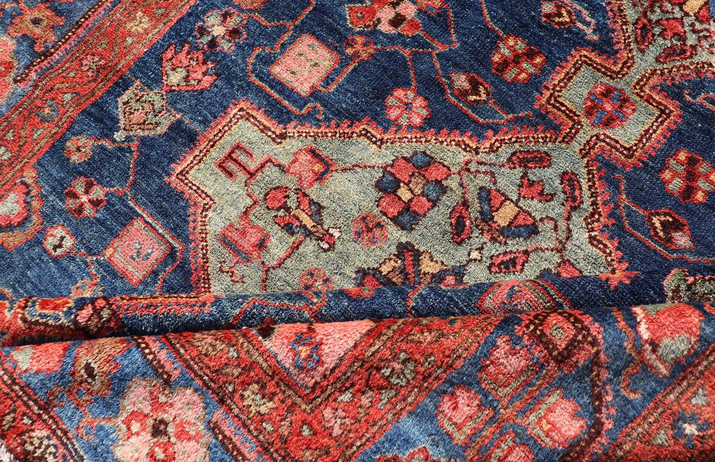 Antique Persian Serapi Karajeh Rug Two Geometric Medallions in Green, Blue, and Red. Keivan Woven Arts / rug EMB - 9578 - P13512, country of origin / type: Persian / Serapi - Karajeh, circa early - 20th century. Measures: 5'2 x 7'10 This antique... - Keivan Woven ArtsEMB - 9578 - P13512 - 15134Rug
