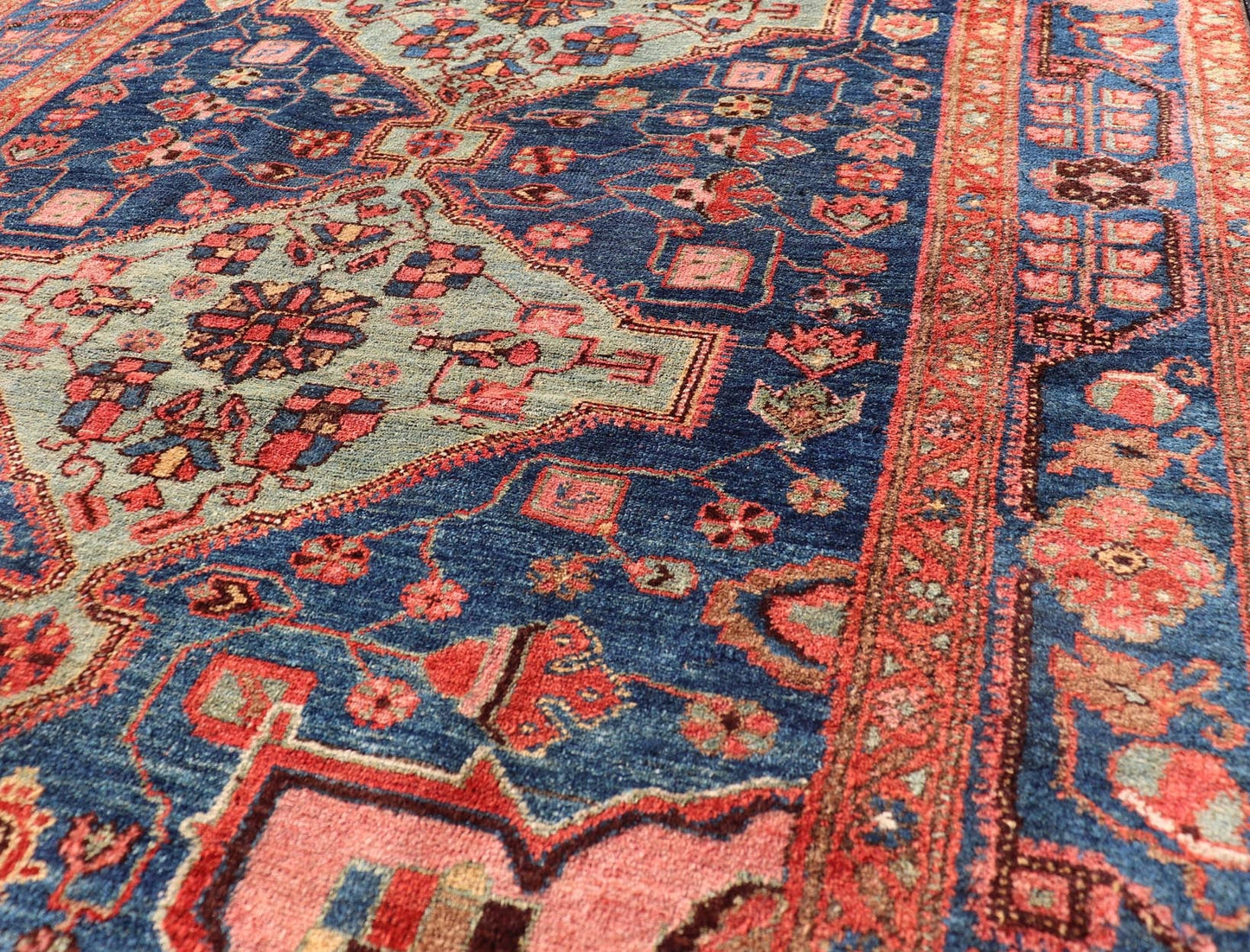 Antique Persian Serapi Karajeh Rug Two Geometric Medallions in Green, Blue, and Red. Keivan Woven Arts / rug EMB - 9578 - P13512, country of origin / type: Persian / Serapi - Karajeh, circa early - 20th century. Measures: 5'2 x 7'10 This antique... - Keivan Woven ArtsEMB - 9578 - P13512 - 15134Rug