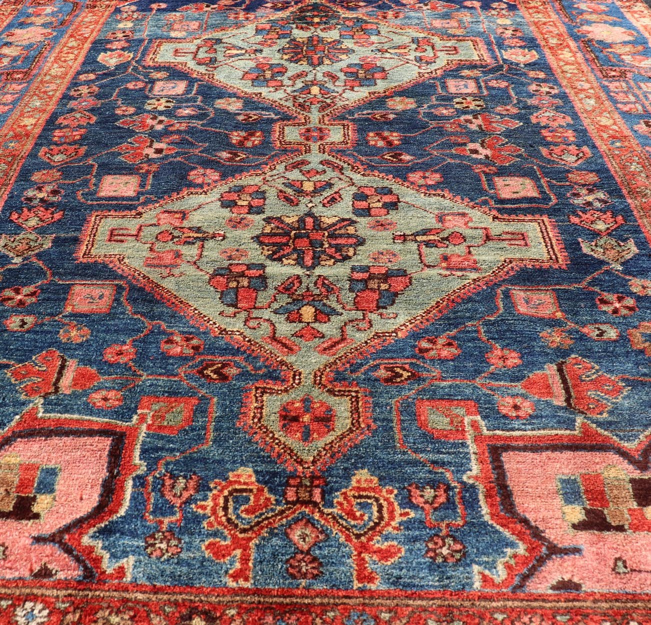 Antique Persian Serapi Karajeh Rug Two Geometric Medallions in Green, Blue, and Red. Keivan Woven Arts / rug EMB - 9578 - P13512, country of origin / type: Persian / Serapi - Karajeh, circa early - 20th century. Measures: 5'2 x 7'10 This antique... - Keivan Woven ArtsEMB - 9578 - P13512 - 15134Rug