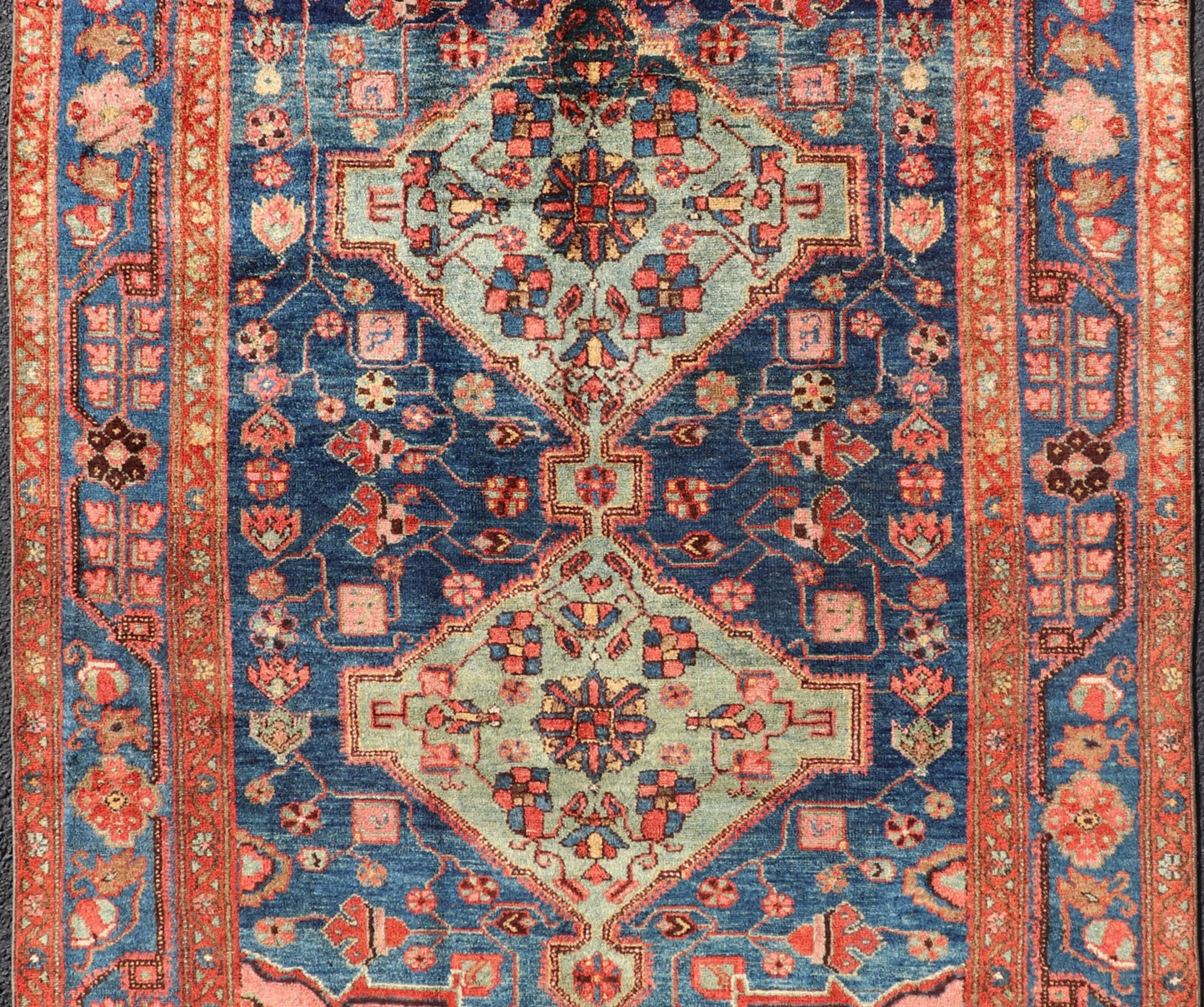 Antique Persian Serapi Karajeh Rug Two Geometric Medallions in Green, Blue, and Red. Keivan Woven Arts / rug EMB - 9578 - P13512, country of origin / type: Persian / Serapi - Karajeh, circa early - 20th century. Measures: 5'2 x 7'10 This antique... - Keivan Woven ArtsEMB - 9578 - P13512 - 15134Rug
