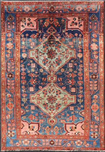 Antique Persian Serapi Karajeh Rug Two Geometric Medallions in Green, Blue, and Red. Keivan Woven Arts / rug EMB - 9578 - P13512, country of origin / type: Persian / Serapi - Karajeh, circa early - 20th century. Measures: 5'2 x 7'10 This antique... - Keivan Woven ArtsEMB - 9578 - P13512 - 15134Rug