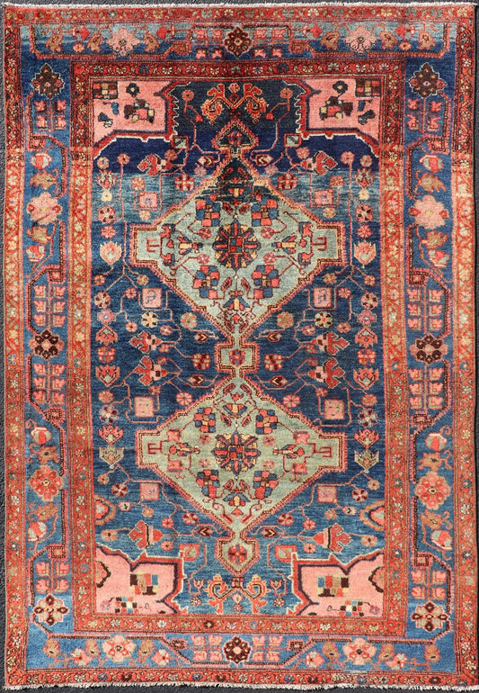 Antique Persian Serapi Karajeh Rug Two Geometric Medallions in Green, Blue, and Red. Keivan Woven Arts / rug EMB - 9578 - P13512, country of origin / type: Persian / Serapi - Karajeh, circa early - 20th century. Measures: 5'2 x 7'10 This antique... - Keivan Woven ArtsEMB - 9578 - P13512 - 15134Rug