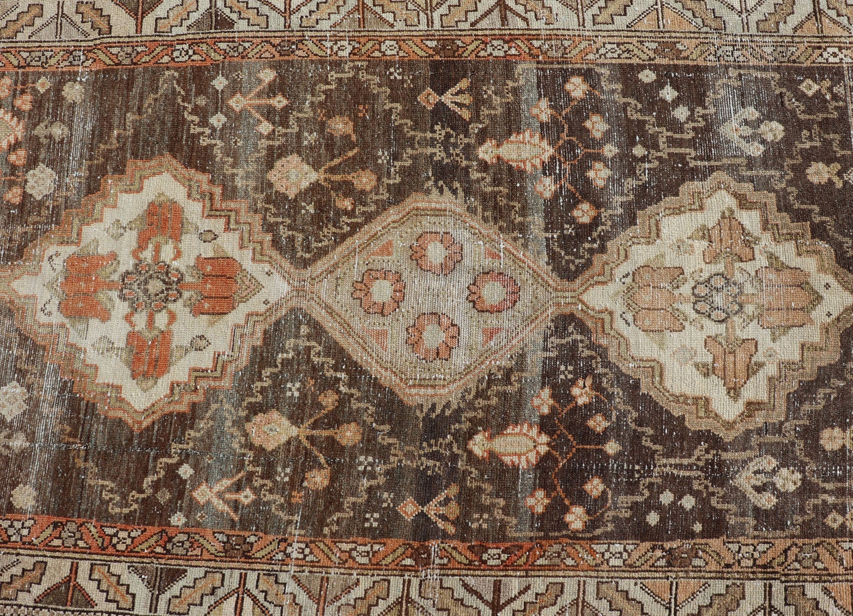 Antique Persian Long Malayer Runner Medallion Design in Brown, Gray, Steel Blue. Antique long runner Persian Malayer with all - over intricate medallion design in Brown Background. Keivan Woven Arts, rug/EMB - 9580 - P13853, country of origin / type... - Keivan Woven ArtsEMB - 9580 - P13853 - 15146Rug